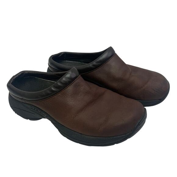 Merrell Mens Sz 8.5 Slip On Clog Brown Leather Shoes Sandals Casual Slide Ons - Picture 1 of 8